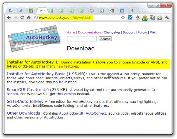 Screenshot of the AutoHotkey download page