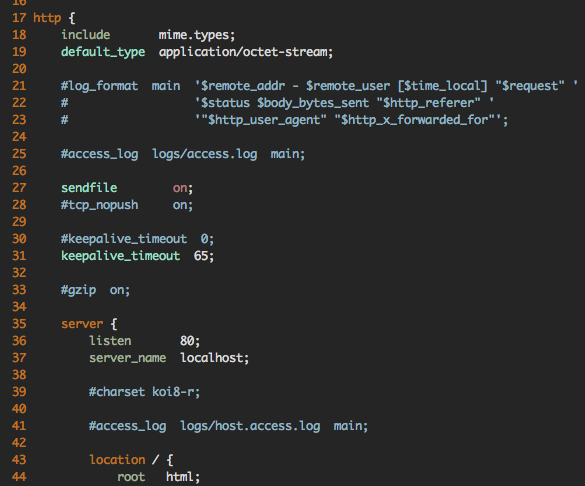 Screenshot of VIM with syntax highlighting in an Nginx config file