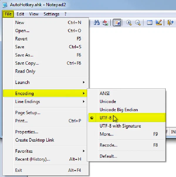 Screenshot of saving the file with UTF-8 encoding