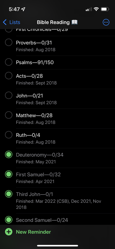My Bible Reading list in the iOS Reminders app